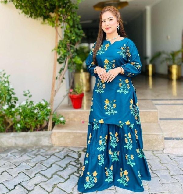 2 Pcs Flower Shrara Print Dress