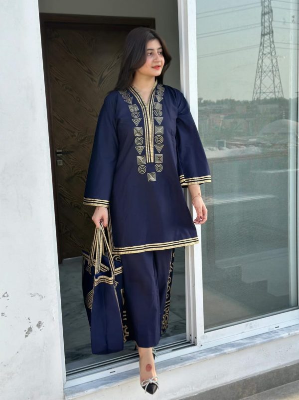 3 Pcs Linen Print Dress & Bag