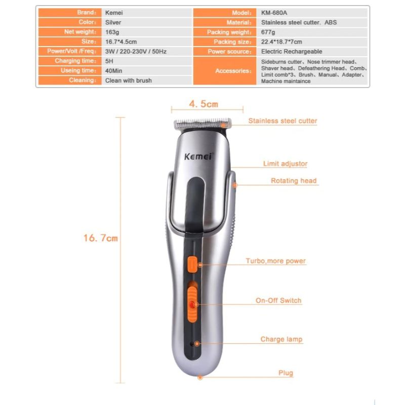 Kemei 680A Multifunction New Cutter Electric Rechargeable Hair Trimmer Shaver Cordless Adjustable Clipper