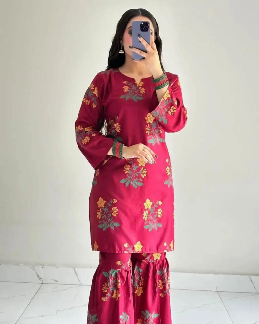 2 Pcs Flower Shrara Print Dress