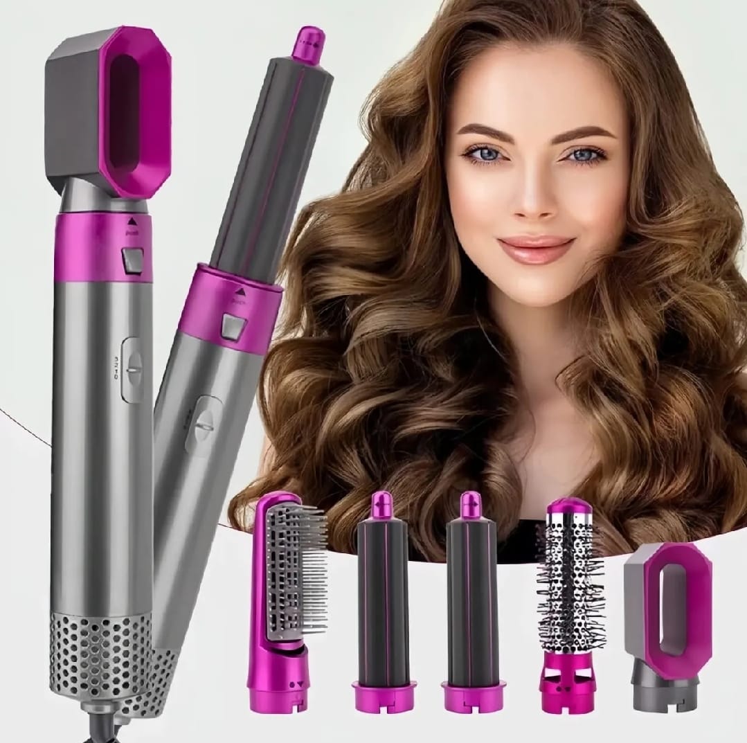 High Quality 5 In 1 Hair Styler Brush | Hair Straightener, Curler, Blow Dryer & Volumizer | Negative Ionic Electric Air Wrap With Detachable Brush Heads (Random Color)