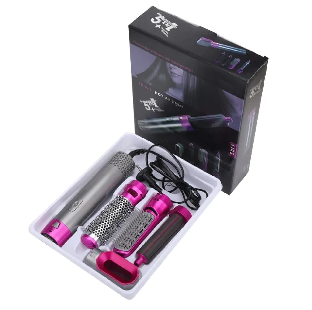 High Quality 5 In 1 Hair Styler Brush | Hair Straightener, Curler, Blow Dryer & Volumizer | Negative Ionic Electric Air Wrap With Detachable Brush Heads (Random Color)